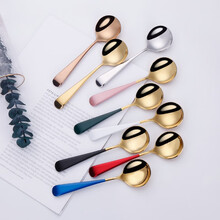 法兰晶 北欧风饭勺304不锈钢勺子小圆勺汤勺儿童勺子汤匙 绿金小圆勺