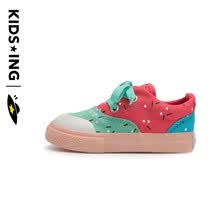 kidsing儿童帆布鞋系带新款甜甜圈女童鞋可爱春秋小童时尚网红休闲宝宝鞋子 冰淇淋色 7码-适合脚长14.2-14.9cm