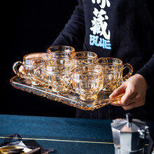 家用高水晶玻璃咖啡杯带托盘透明玻璃咖啡杯欧式小套装优雅茶杯水杯套具客厅厨房 6只装手柄咖啡杯+玻璃托盘