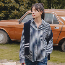 米度丽孕妇春装上衣女孕妇衬衫衬衣春秋季外出时尚款网红潮妈孕妇装 6998 两件装（深蓝白条衬衫+宝蓝披肩） M码