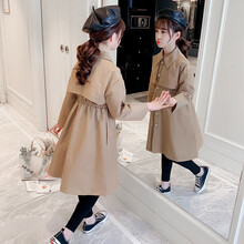 米姿儿品牌童装女儿童外套风衣2021春秋新款韩版收腰大衣中长款潮流网红中大童时髦洋气小孩衣服 卡其色 140码(建议身高130cm左右)