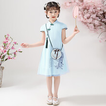 儿童旗袍连衣裙夏装2021新款汉服仙女裙中大童女童夏季女孩公主裙 KX163旗袍【蓝色】 140cm
