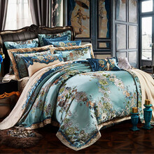 伊迪梦家纺欧美式四六八十件套奢华别墅样板房间婚庆床上用品套件1.5/1.8/2.0m米双人床gz07 绿蓝色 床单式四件套1.8米/2.0米床宽