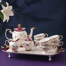 INGRI（英格丽）高颜值国潮骨瓷下午茶具中国风轻奢陶瓷高档精致咖啡杯碟套装器具 10件套嫣红（大壶1奶壶1糖壶1杯6托盘1）