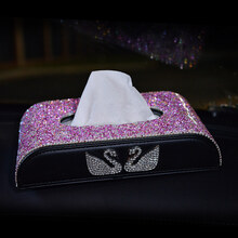 车载纸巾盒 汽车抽纸盒创意可爱时尚镶钻 高档女汽车用品 车上装饰车内抽纸盒 双天鹅镶钻粉色【纸巾盒】