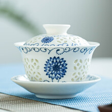 泥徒 玲珑盖碗大号青花陶瓷杯白瓷三才碗杯敬茶碗功夫茶具泡茶壶 【向阳花】蜂窝盖碗175ml