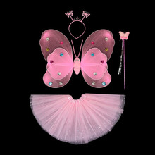蝴蝶翅膀儿童发光魔法棒公主奇妙仙子精灵玩具仙女裙演出服小女孩透明网纱小天使彩虹道具 粉色星星翅膀4件套