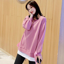 Helichong孕妇装秋季套装2021新款中长款潮妈宽松上衣+长裤拼接长袖孕妇春秋装两件套装 粉色上衣 S