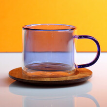 CAFEIN KAFFA日式双层玻璃咖啡杯耐热真空小清新透明色带相思木托 蓝色（含木托）
