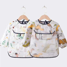 两件装】宝宝吃饭围兜0-6岁护衣罩衣饭兜纯棉四季秋季薄款透气儿童围嘴婴儿口水兜硅胶围兜防水防溅衣 白小马＋棕恐龙【长袖款】 90-100cm 建议1-2岁