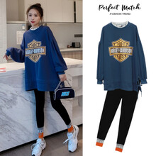 孕妇装秋冬装新款孕妇打底裤子外穿春秋季套装宽松显瘦孕妇连衣裙加厚保暖孕妈装卫衣上衣 蓝色卫衣+裤子套装 M