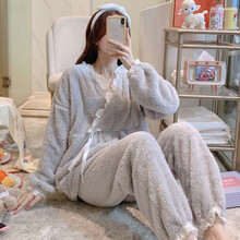 孕薇贝儿 冬季加厚哺乳珊瑚绒孕妇睡衣产后法兰绒冬天加厚加绒月子服套装 艾2036灰色绒 L码