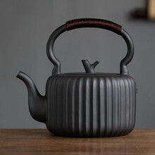 御汕堂汝窑茶具电陶炉静音茶炉日式煮茶炉台式小型迷你烧水泡茶器 黑色 筋纹壶 单壶