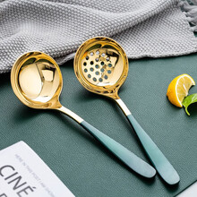 摩登主妇勺子长柄汤勺304不锈钢大号汤匙韩式网红圆勺家用儿童水果甜品勺 新月墨绿加金汤勺