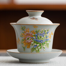 陶艺公社 三才盖碗 陶瓷功夫茶具家用日式复古扒花泡茶碗盖碗茶杯 草木灰款-165ml