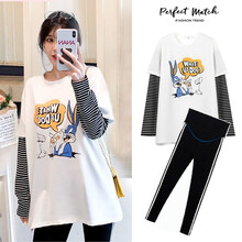 铱秀尔 孕妇套装春秋款时尚新款秋季外出宽松上衣潮妈打底衫长袖t恤女百搭孕妇托腹裤两件套 白色上衣+黑色裤【套装】 M码 90-110斤