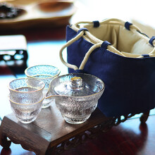 日式公道杯玻璃锤纹盖碗日本茶具套装号大容量功夫茶具配件泡茶器 蓝便携包+金边盖碗+4只茗品杯