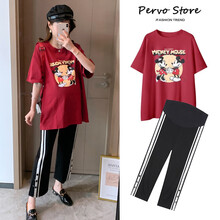 MUMUCREAN孕妇装夏装套装时尚外穿洋气减龄短袖上衣孕妇裤子宽松潮妈打底裤春秋装 红色(上衣+裤子两件套) L