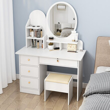 虎弟 网红ins少女小梳妆台卧室经济型化妆台收纳一体现代简约化妆桌 暖白圆镜+凳子