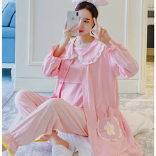 七采雏菊  三件套纯棉孕妇睡衣春秋月子服产后哺乳喂奶衣夏季短袖哺乳T恤孕妇家居服大码孕妇装四季 H1896粉色纯棉三件套 M码（80-110斤内合适）