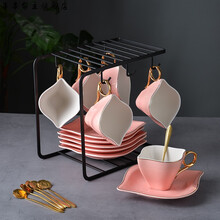 【轻奢高端】英式轻奢咖啡杯套装 咖啡杯碟套装ins风欧式小精致茶具陶瓷英式下午花茶杯子 北欧6杯碟勺配铁架-粉色(普包)