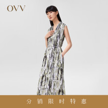 【抽象笔刷印花】OVV2022春夏新款女装顺纡绉V领蕾丝无袖连衣裙 绿灰花纹05 XS