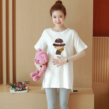 郁彼孕妇装夏装新款印花孕妇短袖T恤夏天中长款纯棉体恤宽松上衣外穿孕妈装 白色 M
