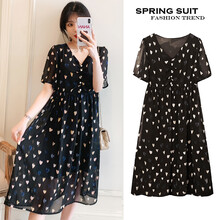 敏潮格伦2021春夏装孕妇装雪纺连衣裙新款心型法式长裙时尚潮妈 黑色 XL