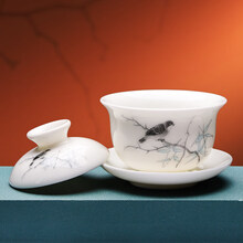 月仙琪 羊脂玉三才盖碗茶杯单个功夫茶具泡茶碗带盖德化白瓷茶盖碗陶瓷功夫茶具茶壶盖碗茶杯茶具茶碗盖碗 喜上眉梢