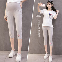 爱兰婷孕妇装2021春夏韩版新款怀孕潮妈夏季孕妇裤棉麻透气七分裤搭打底裤小清新外穿裤刺绣 灰色 M