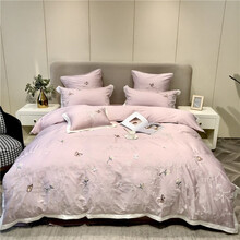 贵福爽 纯棉60支埃及长绒棉高逼格刺绣四件套全棉蝴蝶绣花公主风小清新床上用品套件 梦蝶-灰粉（四件套） 适用1.5/1.8米床（被套200*230cm）