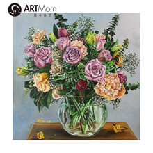 墨斗鱼艺术王晶布面油画花卉静物瓶花古典风格手工装裱画框欧式风格家庭装饰画纯手绘50*50cm