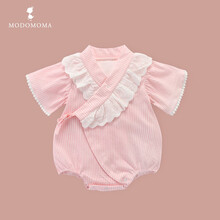 modomoma新生儿用品婴儿衣服春夏季女宝宝公主短袖蕾丝拼接爱心公主爬服连体衣 粉格短袖和服 59cm【建议0-3个月】