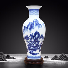 景德镇陶瓷器仿古青花瓷大花瓶摆件客厅富贵竹插花干花工艺品装饰品家居玄关电视柜办公室博古架酒柜瓷瓶摆设 大号青花山水鱼尾（配木质旋转底...