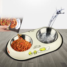 HELLOJOY 猫碗狗碗狗盆双碗狗食盆 狗狗喝水宠物喂食饮水不锈钢防滑双碗猫咪用品 米色鸡蛋大号