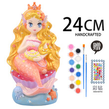 2021新款儿童涂色玩具彩绘制作diy手工涂鸦石膏画娃娃白胚搪胶存钱罐摆摊 柠檬黄 搪胶彩钻款21