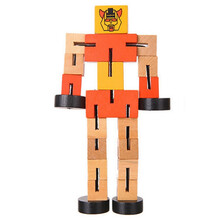 木头人玩具 木制魔方机器人木质百变汽车人立体儿童木头积木玩具 橙色