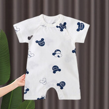 婴儿连体衣服夏季薄款新生儿哈衣宝宝纯棉短袖开裆爬服 白色米其 59cm