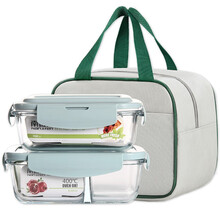 南极人Nanjiren 耐热玻璃保鲜盒 高硼硅大容量微波炉烤箱便当分隔饭盒两件套+保温袋（640+830 ML）NJR670