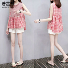 普雷芳孕妇装夏装套装时尚款潮妈怀孕期孕妇短袖短裤格子上衣休闲夏季韩版宽松两件套 红格衫+白裤(优质正品) L