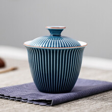 领艺 盖碗茶杯 陶瓷家用三才茶碗 功夫茶具单品大号手抓泡茶碗 菱纹盖碗(霁蓝)