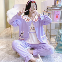 回访人月子服春秋纯棉产后哺乳孕妇睡衣夏季薄款3月份4喂奶家居服三件套 YL紫女孩 女款XL码 120-140斤
