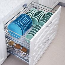 拉篮厨房碗碟篮橱柜五金拉篮碗篮厨房不锈钢开门式大容量餐具置物厨柜抽拉式碟 双层实心圆钢-600柜体-橱柜内宽要求560-57