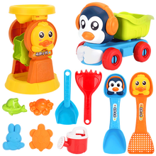 儿童节沙滩早教玩具工程车套装大号宝宝洗澡夏日戏水桶铲子玩沙子挖沙挖土玩沙工具儿童生日礼物 加大加厚企鹅沙滩车+鸭子沙漏【11件套】