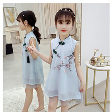 九能女童汉服夏季儿童旗袍公主裙2021新款中国风古装中小童演出服宝宝表演服大童女孩仙女唐装连衣裙童装 淡蓝 【桃花夭夭】 150 码(建议身高132-142)