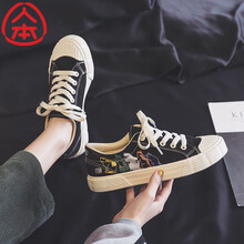 人本女鞋2021年新款黑色帆布鞋网红ins潮款印花鞋学生休闲板鞋子 黑色 女38