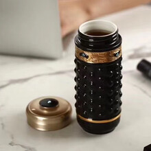 【乾唐轩活瓷杯】吉星大乾坤鎏金带钻随身杯双层350ml创意陶瓷泡茶水杯子经典商务办施华洛世奇水晶款 艳黑+黄金+钻（礼盒包装）