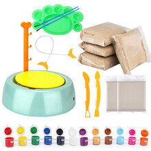 儿童陶艺机玩具学生软陶泥机陶土幼儿园手工制作免烧拉胚套装 马卡龙蓝色机器+陶土6块+颜料