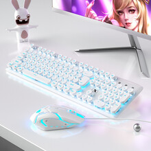 前行者机械手感键盘鼠标套装女生可爱有线非静音少女心游戏复古朋克圆键樱桃粉色电脑笔记本打字办公专用 银白色蓝光【复古款】+鼠标
