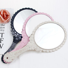 森咖 纹绣半永久手柄化妆镜子 手拿美容院梳妆镜欧式复古镜子 公主镜手柄木镜纹眉纹唇用品工具 雕花款镜子-黑色